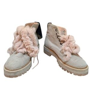 Mr & Mrs Italy Grey Ponyhair Combat Boots with Real Fur Laces